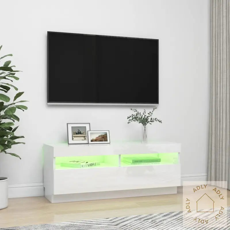 Tv-Benk Med Led-Lys Høyglans Hvit 100X35X40 Cm