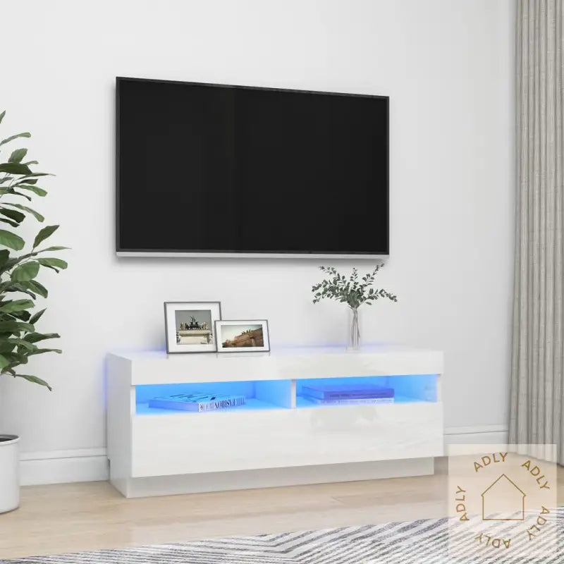 Tv-Benk Med Led-Lys Høyglans Hvit 100X35X40 Cm