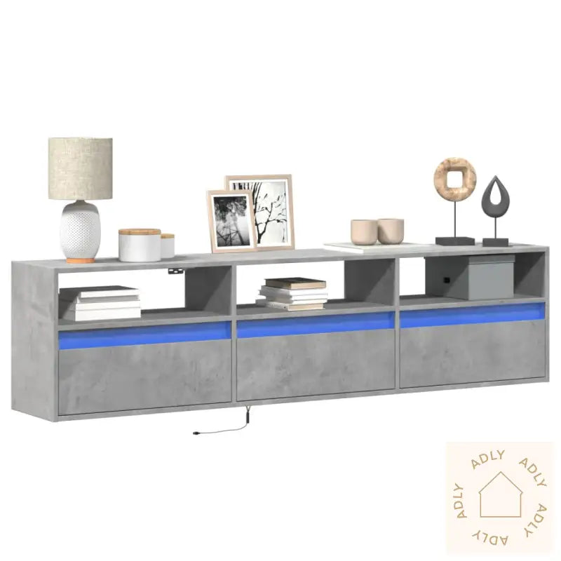 Vegghengt Tv-Benk Med Led-Lys Betonggrå 180X31X45 Cm
