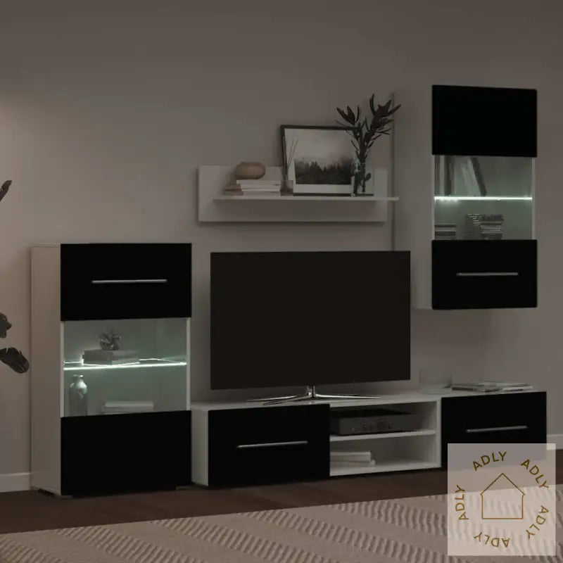 Tv-Enheter Med Led 5 Deler Matt Svart Konstruert Tre