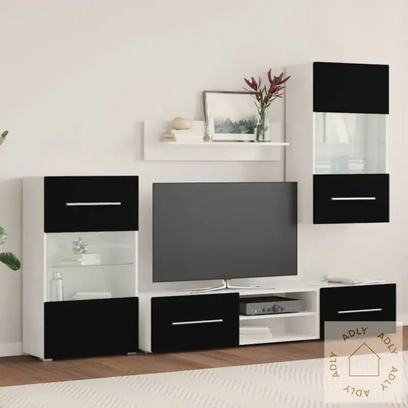 Tv-Enheter Med Led 5 Deler Matt Svart Konstruert Tre