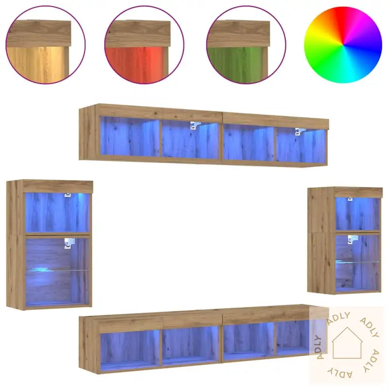 8 Delers Tv Vegg Enheter Med Led I Håndverks Eik Og Konstruert Tre