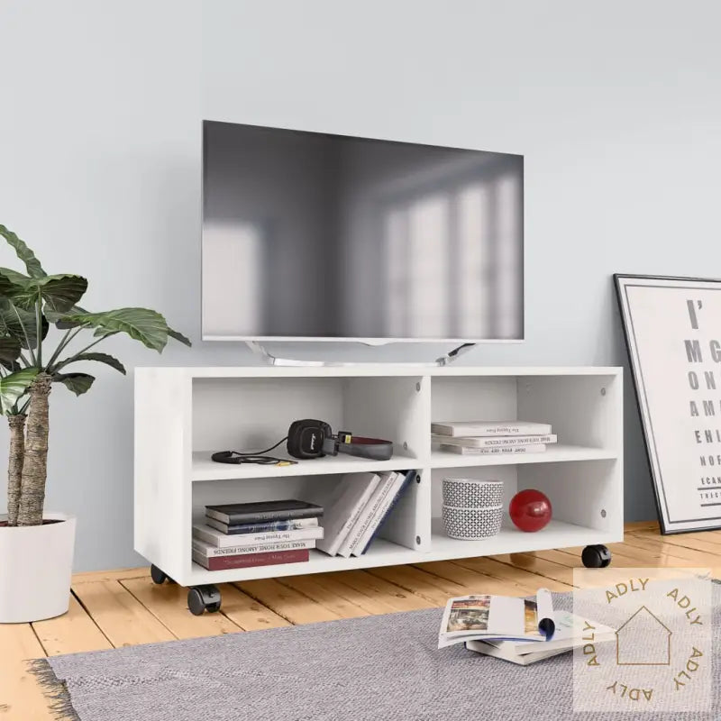 Tv-Benk Med Hjul Hvit 90X35X35 Cm Konstruert Tre