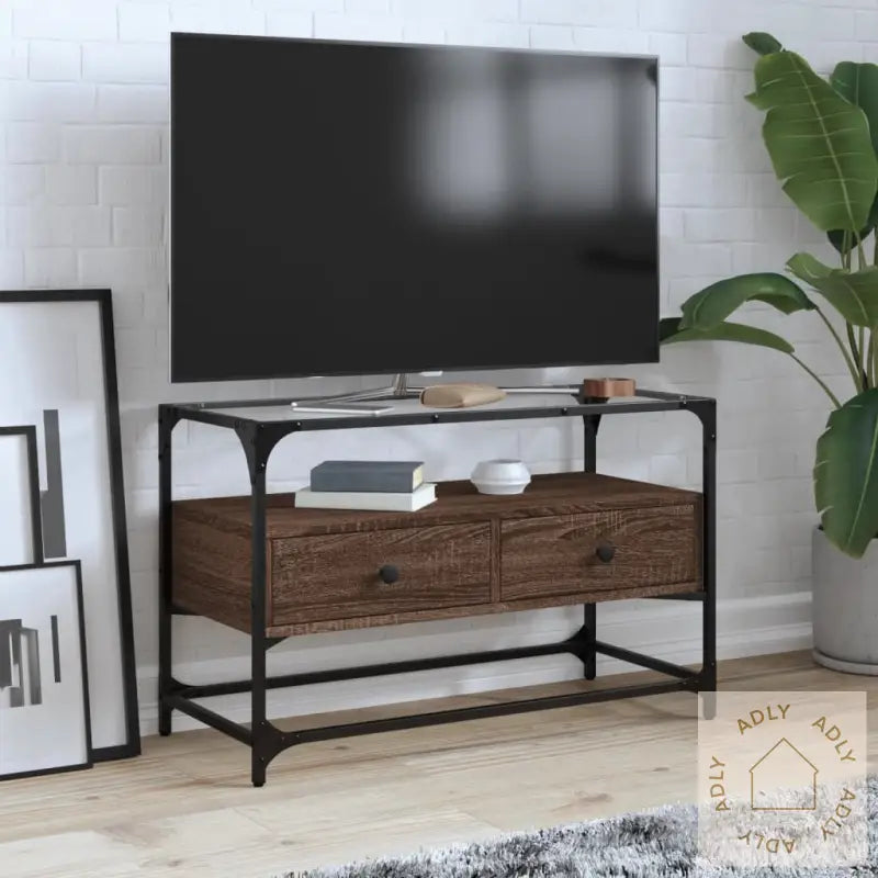 Tv-Benk Med Glasstopp Brun Eik 80X35X51 Cm Konstruert Tre