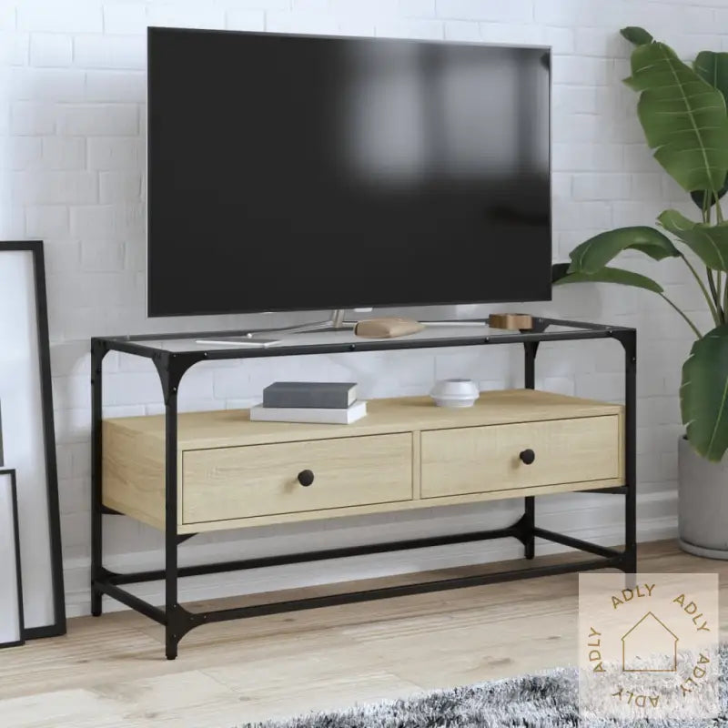 Tv-Benk Med Glasstopp Grå Sonoma 98X35X51 Cm Konstruert Tre