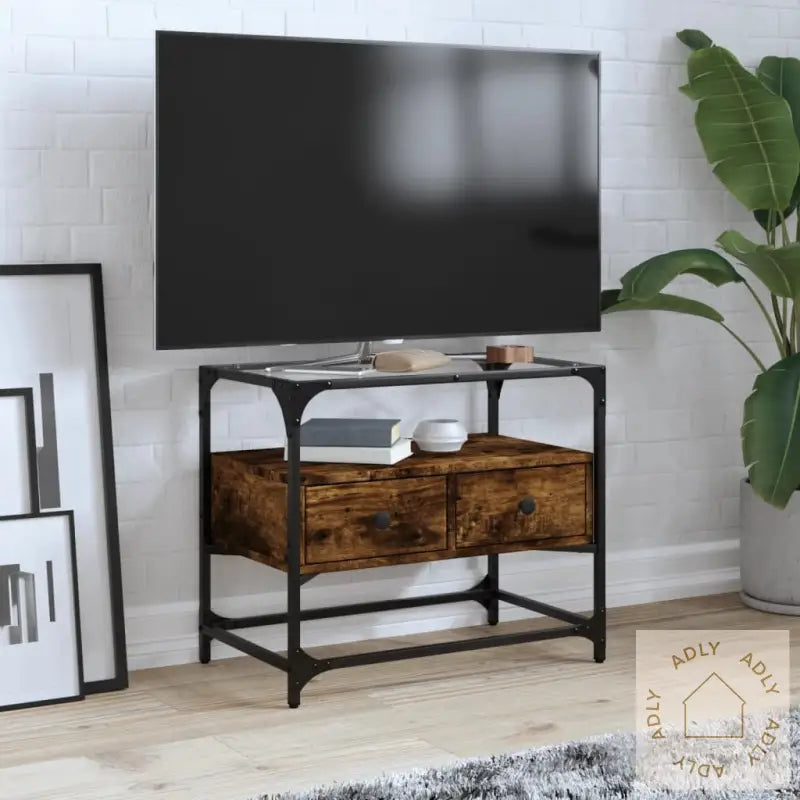 Tv-Benk Med Glasstopp Røkt Eik 60X35X51 Cm Konstruert Tre