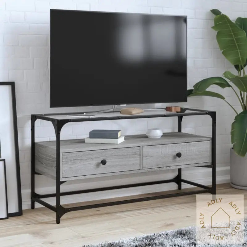 Tv-Benk Med Glasstopp Grå Sonoma 98X35X51 Cm Konstruert Tre