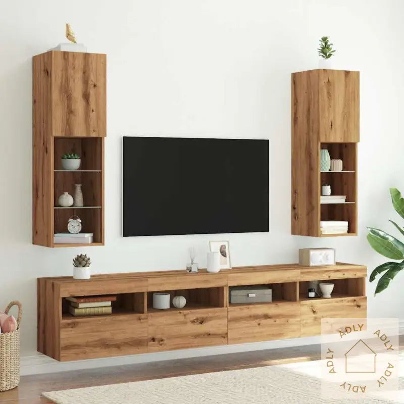 Tv-Benker Med Led-Lys 2 Stk Artisan Eik 30,5X30X102 Cm