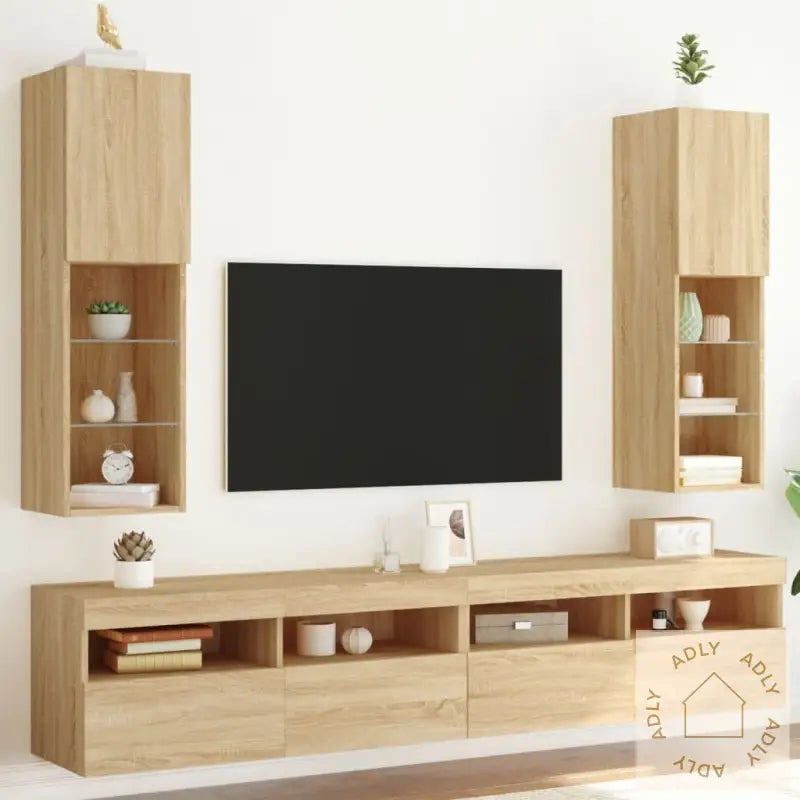 Tv-Benker Med Led-Lys 2 Stk Sonoma Eik 30,5X30X102 Cm