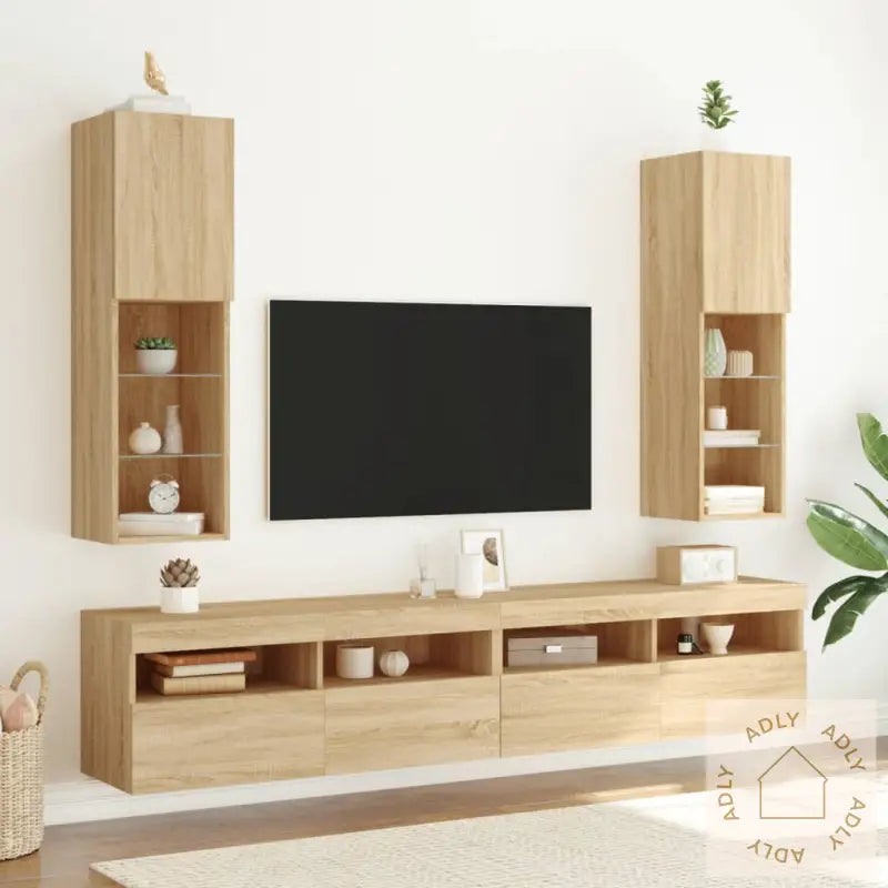 Tv-Benker Med Led-Lys 2 Stk Sonoma Eik 30,5X30X102 Cm
