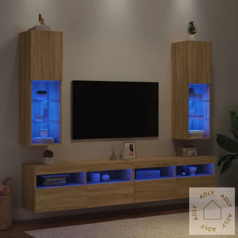 Tv-Benker Med Led-Lys 2 Stk Sonoma Eik 30,5X30X102 Cm