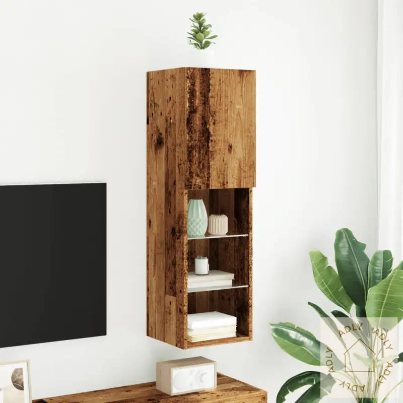 Tv-Benk Med Led-Lys Gammelt Tre 30,5X30X102 Cm