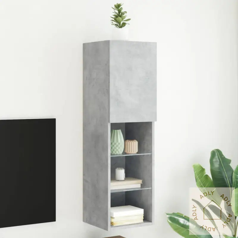 Tv-Benk Med Led-Lys Betonggrå 30,5X30X102 Cm