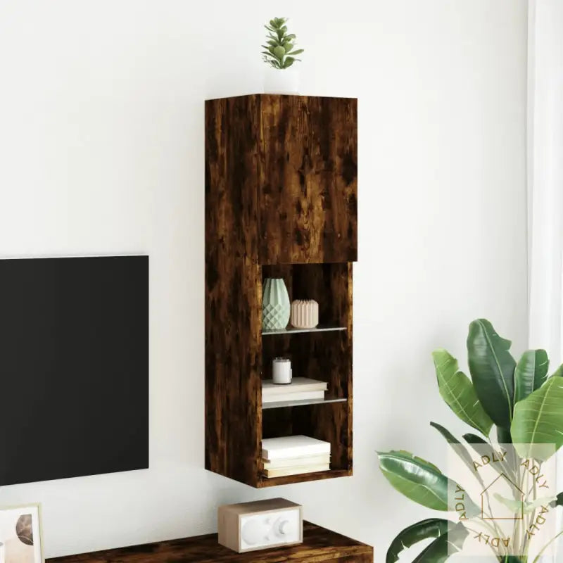 Tv-Benk Med Led-Lys Røkt Eik 30,5X30X102 Cm