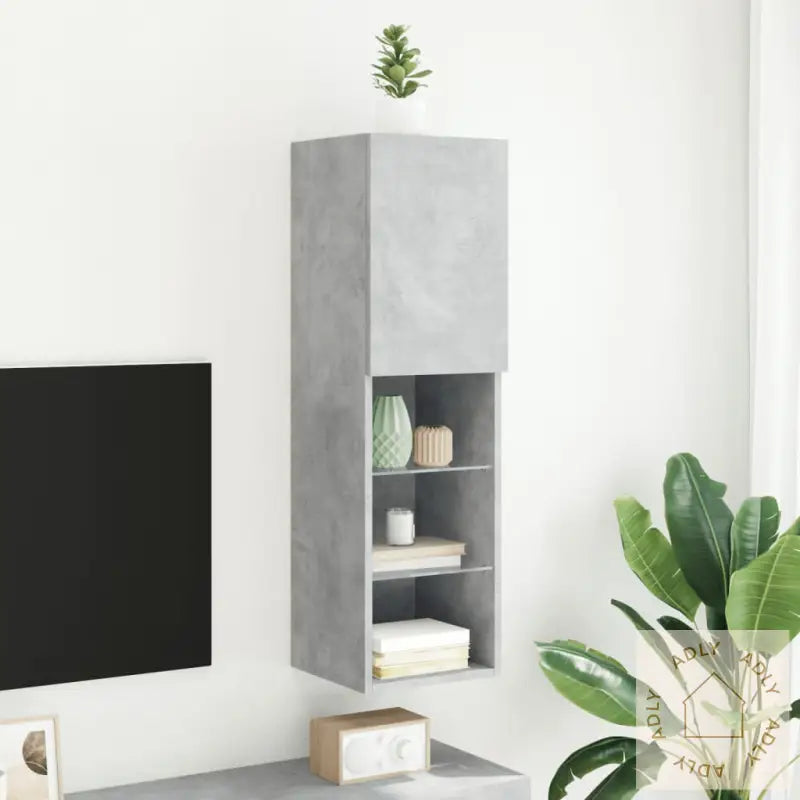 Tv-Benk Med Led-Lys Betonggrå 30,5X30X102 Cm