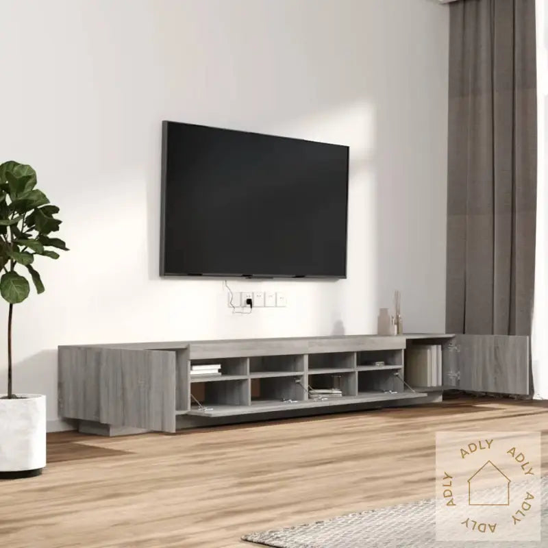 Tv-Benksett Med Led-Lys 3 Deler Grå Eik Konstruert Tre