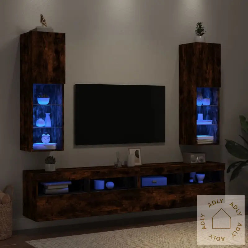 Tv-Benker Med Led-Lys 2 Stk Røkt Eik 30,5X30X102 Cm
