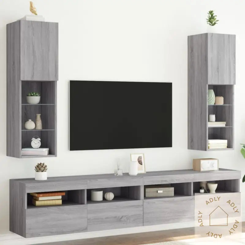 Tv-Benker Med Led-Lys 2 Stk Grå Sonoma 30,5X30X102 Cm