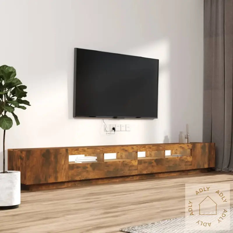 Tv-Benksett Med Led-Lys 3 Deler Røkt Eik Konstruert Tre