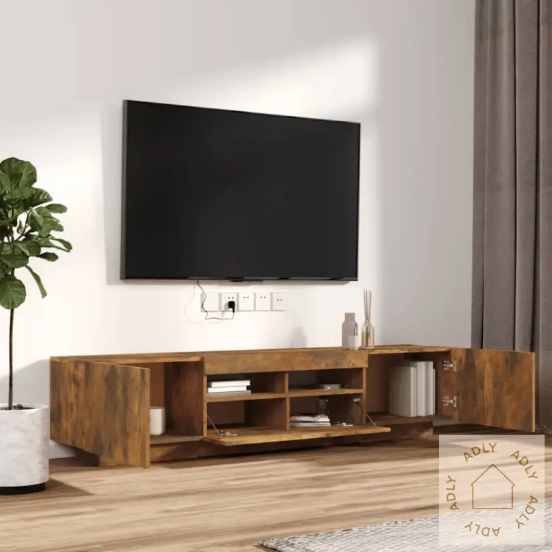 Tv-Benksett Med Led-Lys 2 Deler Røkt Eik Konstruert Tre