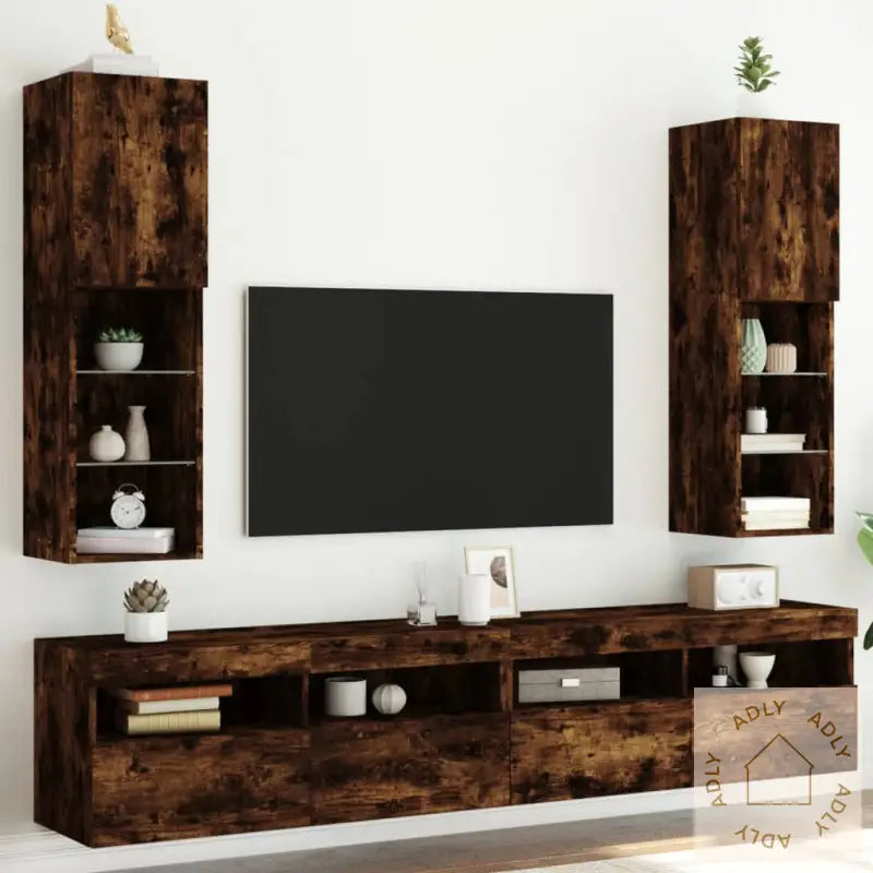 Tv-Benker Med Led-Lys 2 Stk Røkt Eik 30,5X30X102 Cm