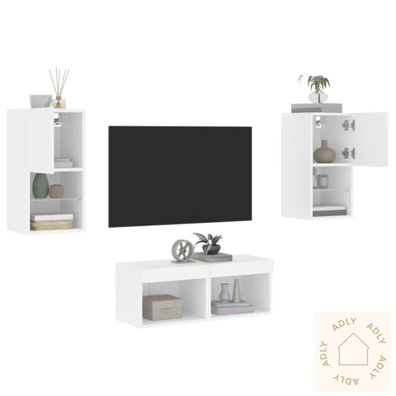 Vegghengte Tv-Benker Med Led 4 Stk Hvit