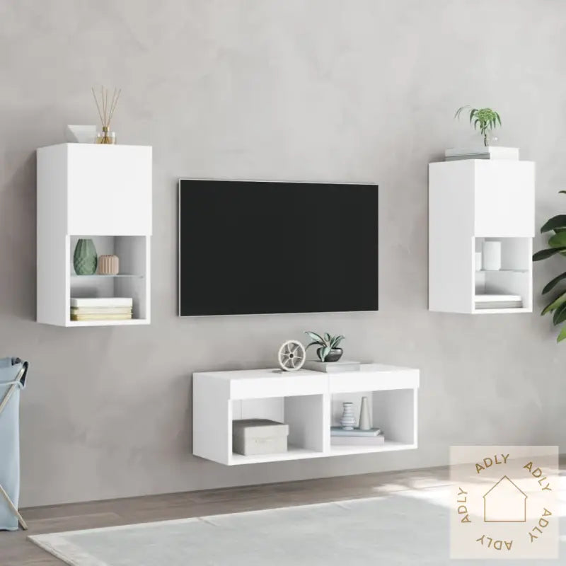 Vegghengte Tv-Benker Med Led 4 Stk Hvit