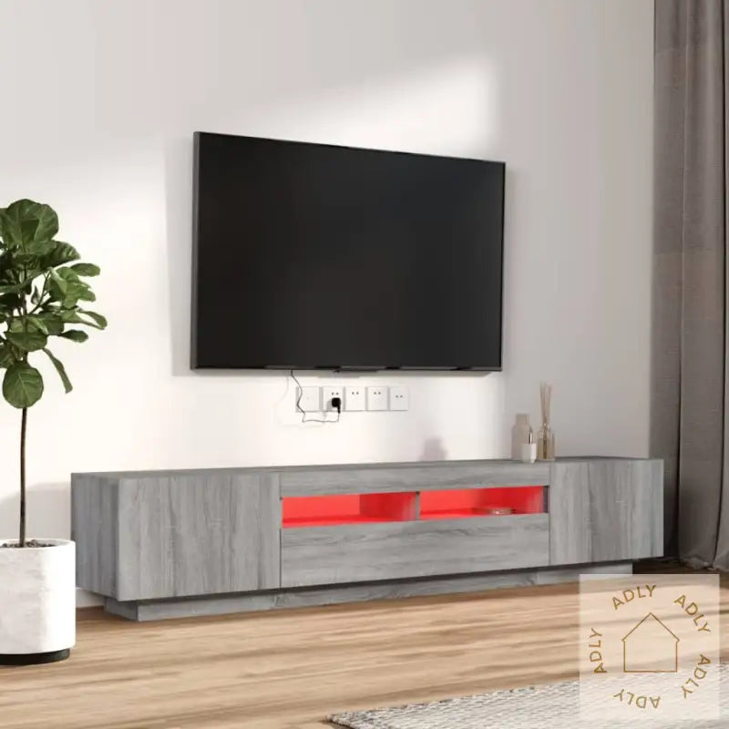 Tv-Benksett Med Led-Lys 2 Deler Grå Eik Konstruert Tre