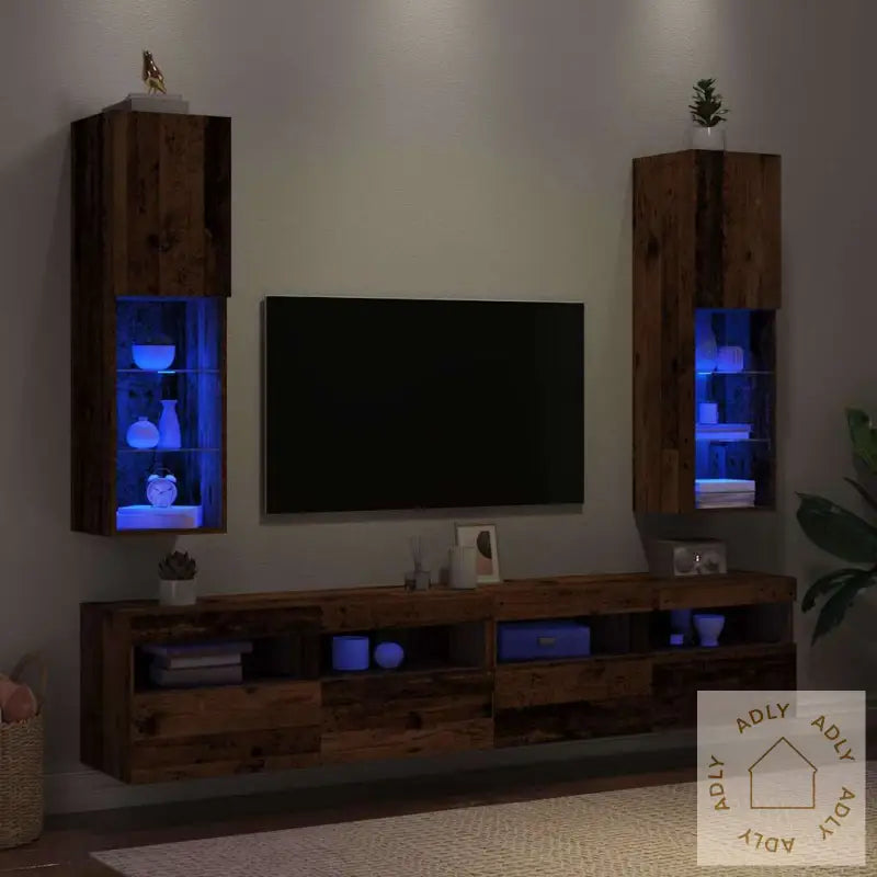 Tv-Benker Med Led-Lys 2 Stk Gammelt Tre 30,5X30X102 Cm