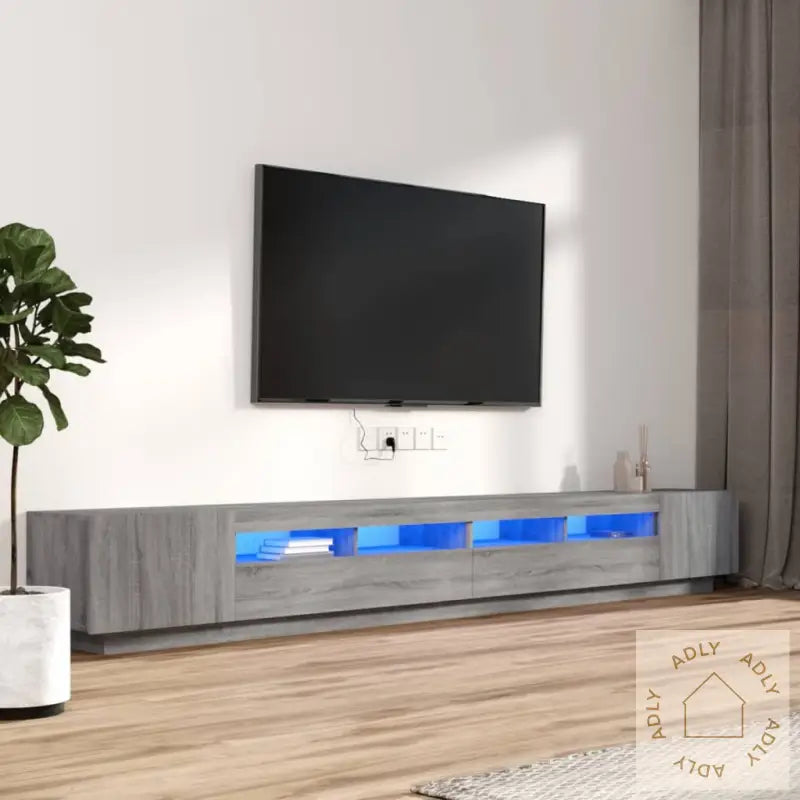 Tv-Benksett Med Led-Lys 3 Deler Grå Eik Konstruert Tre