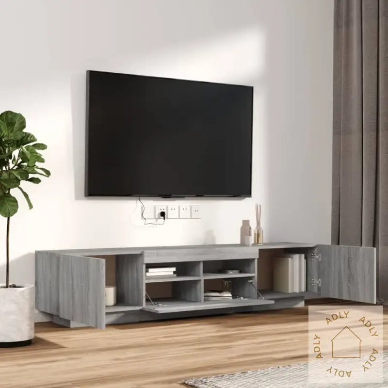 Tv-Benksett Med Led-Lys 2 Deler Grå Eik Konstruert Tre