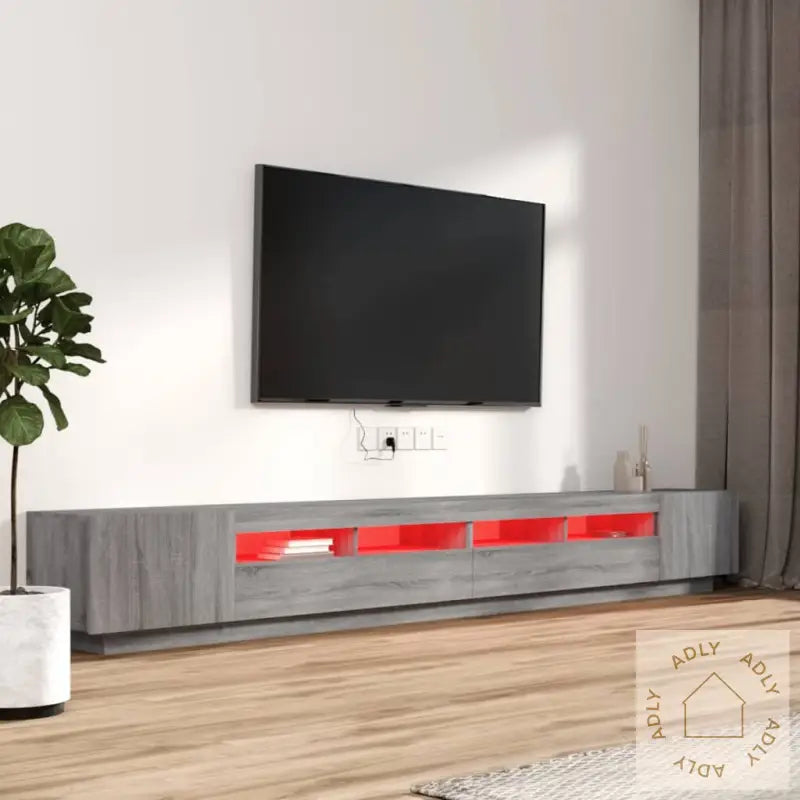 Tv-Benksett Med Led-Lys 3 Deler Grå Eik Konstruert Tre