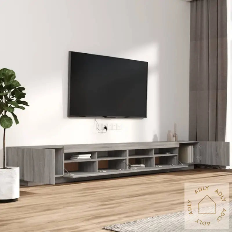 Tv-Benksett Med Led-Lys 3 Deler Grå Eik Konstruert Tre