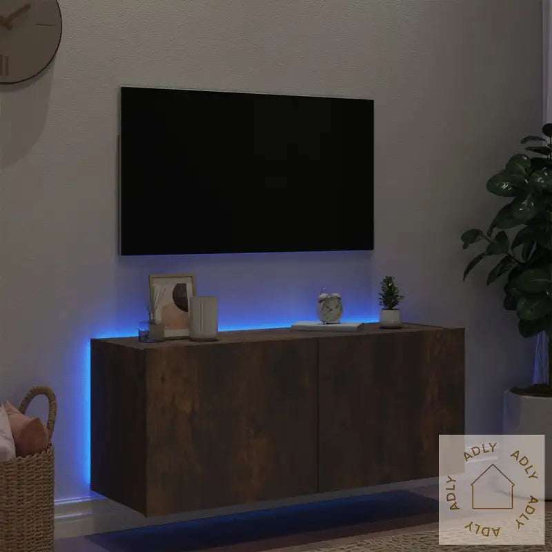 Vegghengt Tv-Benk Med Led Røkt Eik 100X35X41 Cm