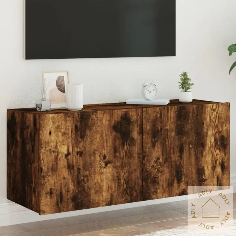 Vegghengt Tv-Benk Med Led Røkt Eik 100X35X41 Cm