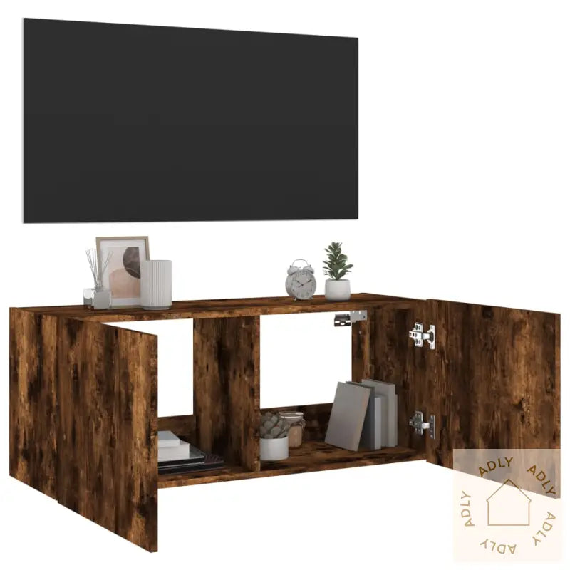Vegghengt Tv-Benk Med Led Røkt Eik 100X35X41 Cm