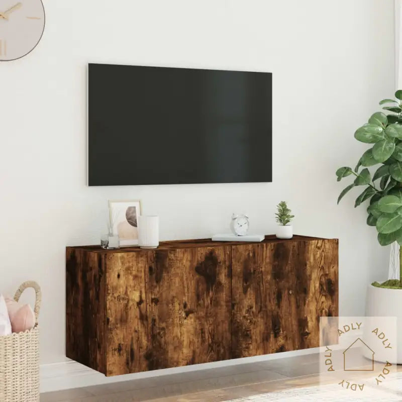 Vegghengt Tv-Benk Med Led Røkt Eik 100X35X41 Cm