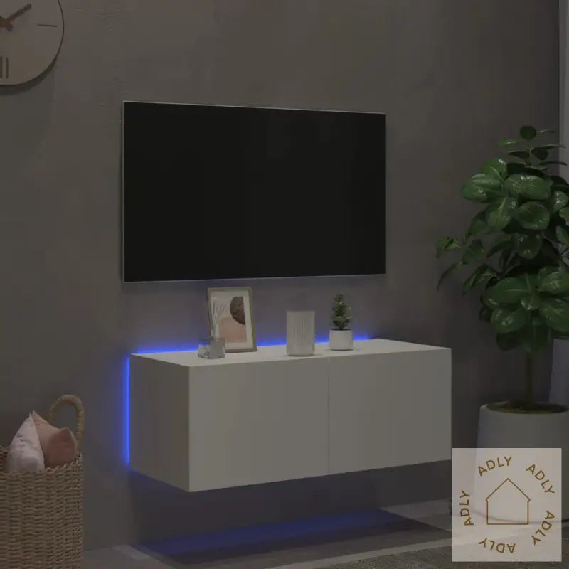 Vegghengt Tv-Benk Med Led Hvit 80X35X31 Cm