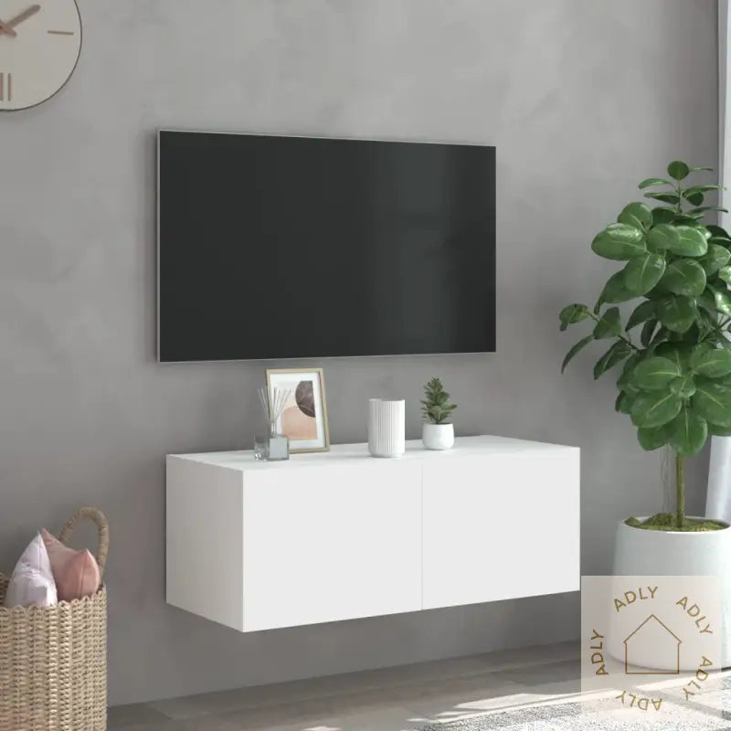Vegghengt Tv-Benk Med Led Hvit 80X35X31 Cm