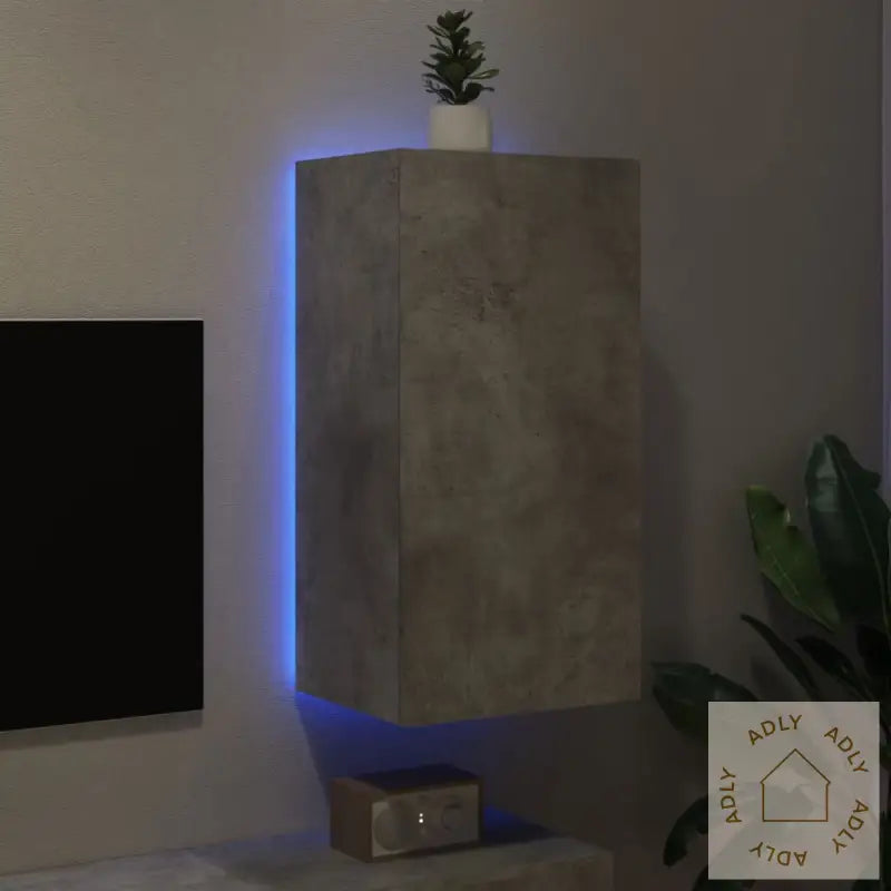 Vegghengt Tv-Benk Med Led-Lys Betonggrå 40,5X35X80 Cm