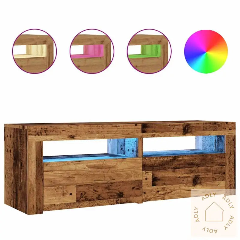 Tv-Benk Med Led-Lys Gammelt Tre 120X35X40 Cm Konstruert Tre
