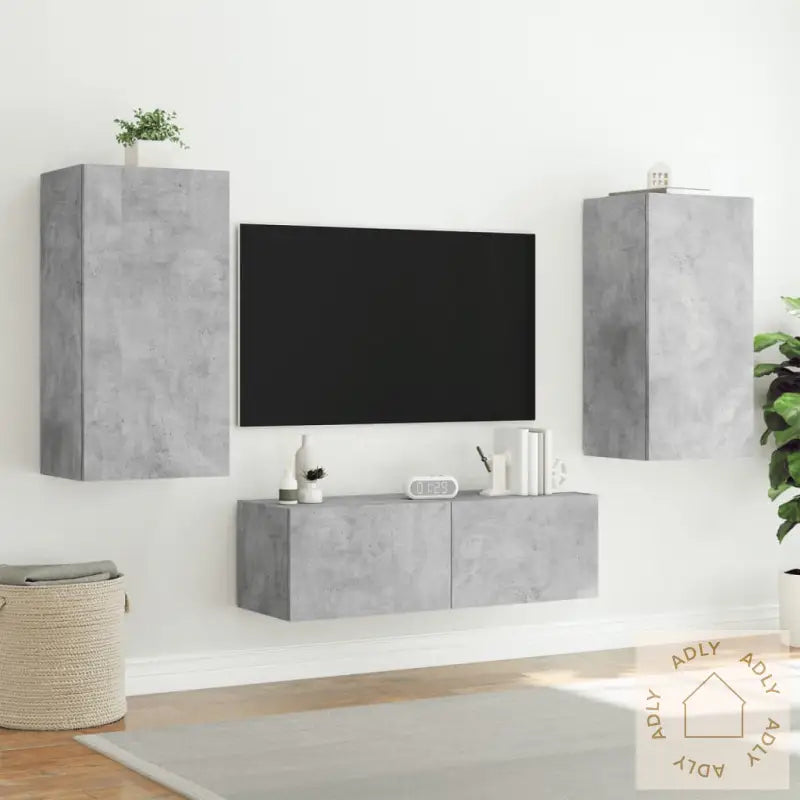 Vegghengt Tv-Benk Med Led-Lys Betonggrå 40,5X35X80 Cm