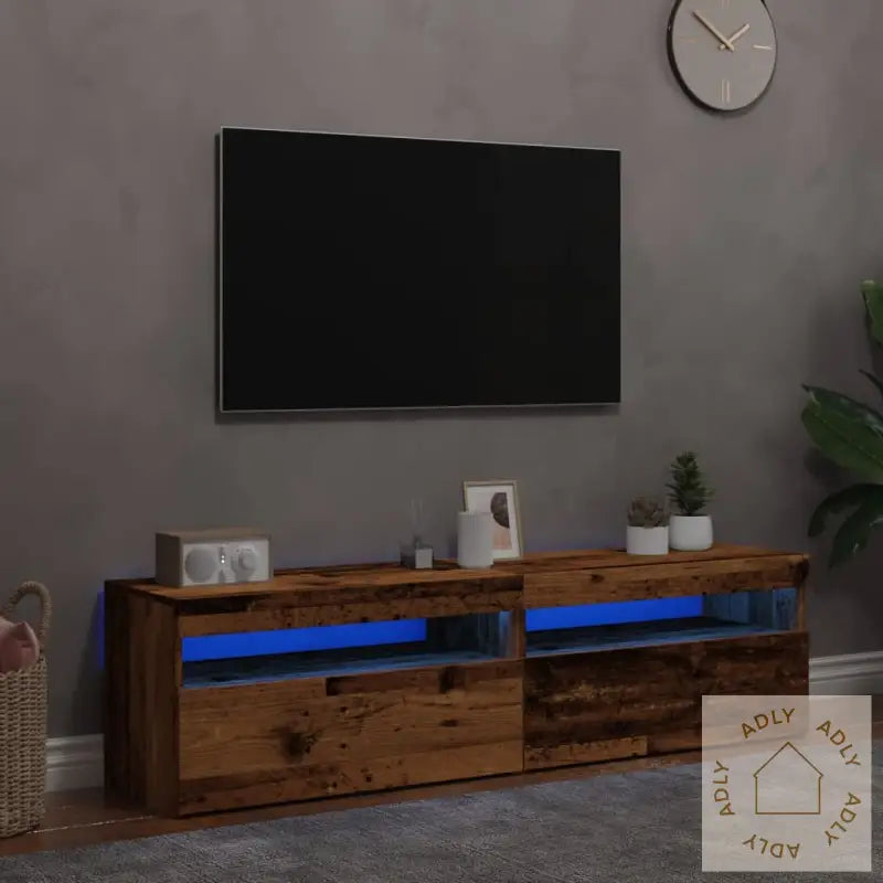 Tv-Benk Med Led-Lys 2 Stk Gammelt Tre Konstruert Tre