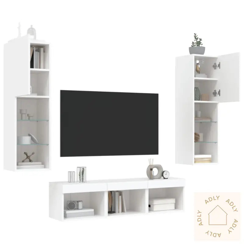 Vegghengte Tv-Enheter Med Led 5 Deler Hvit Konstruert Tre