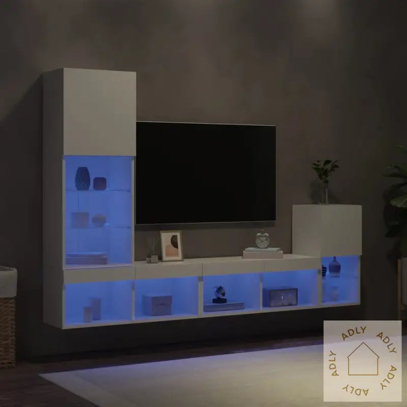 Vegghengte Tv-Enheter Med Led 4 Deler Hvit Konstruert Tre