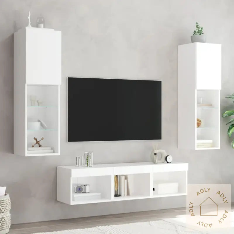 Vegghengte Tv-Enheter Med Led 5 Deler Hvit Konstruert Tre