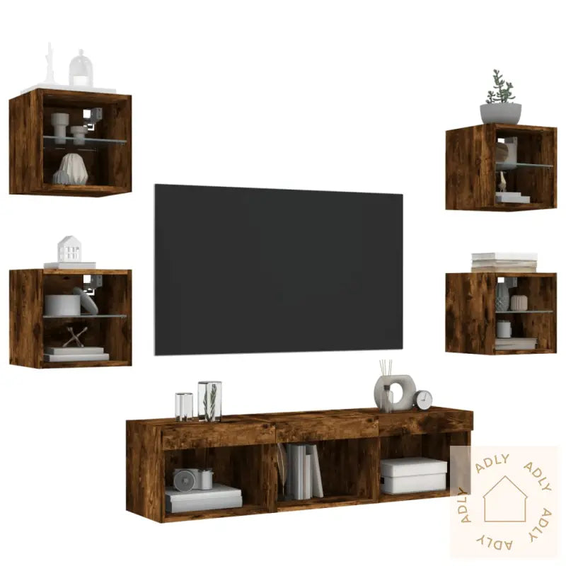 Vegghengte Tv-Enheter Med Led 7 Deler Røkt Eik Konstruert Tre