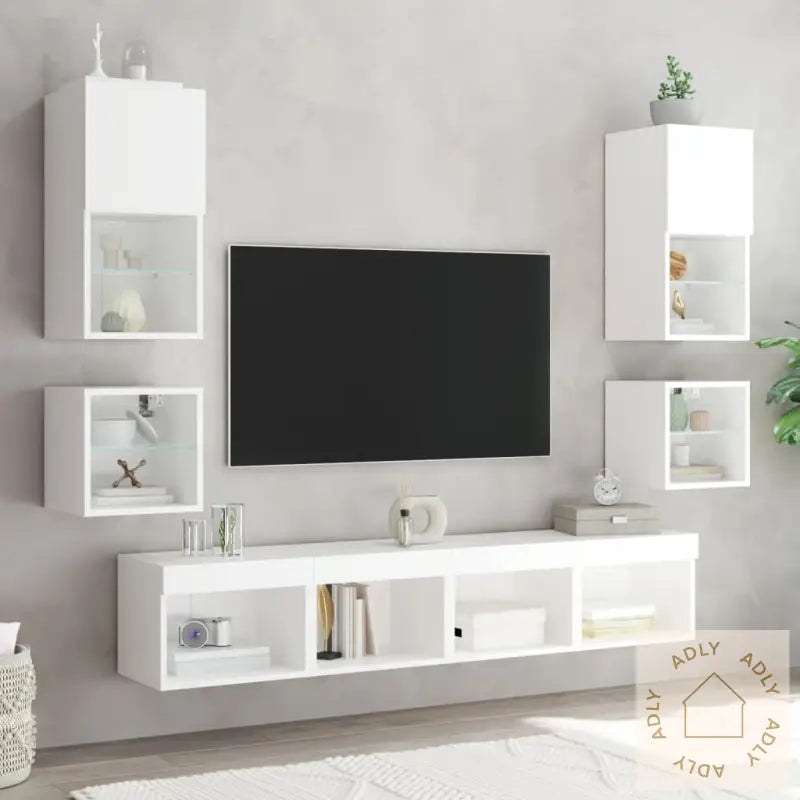 Vegghengte Tv-Enheter Med Led 8 Deler Hvit Konstruert Tre