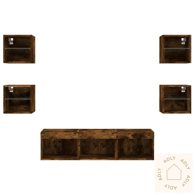 Vegghengte Tv-Enheter Med Led 7 Deler Røkt Eik Konstruert Tre