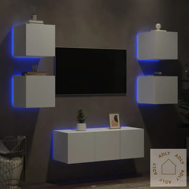 Vegghengte Tv-Enheter Med Led 6 Deler Hvit Konstruert Tre